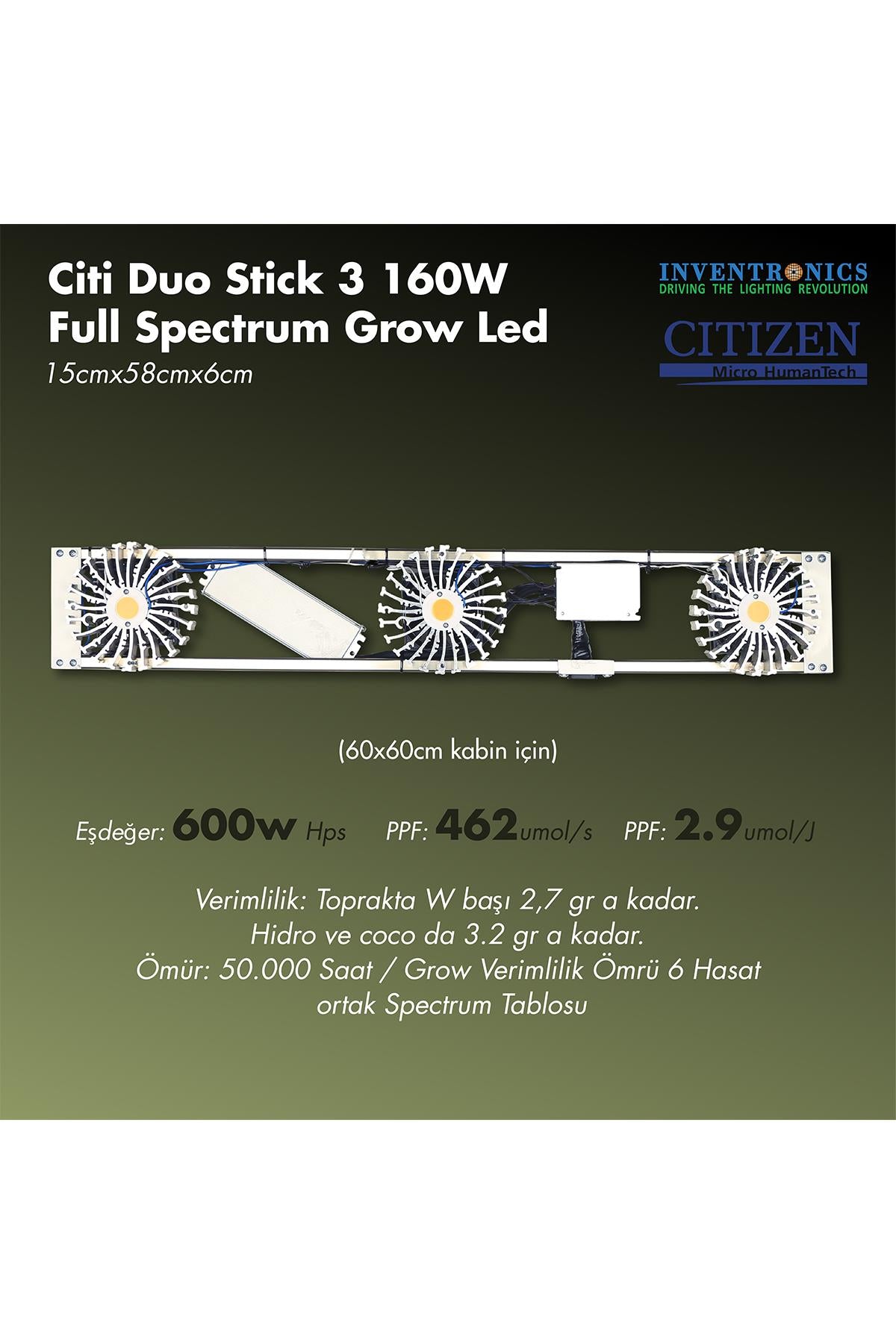 Citi 3 Duo Stick 160 W grow LED lamba – çubuk formunda, alüminyum soğutuculu full spektrum bitki lambası