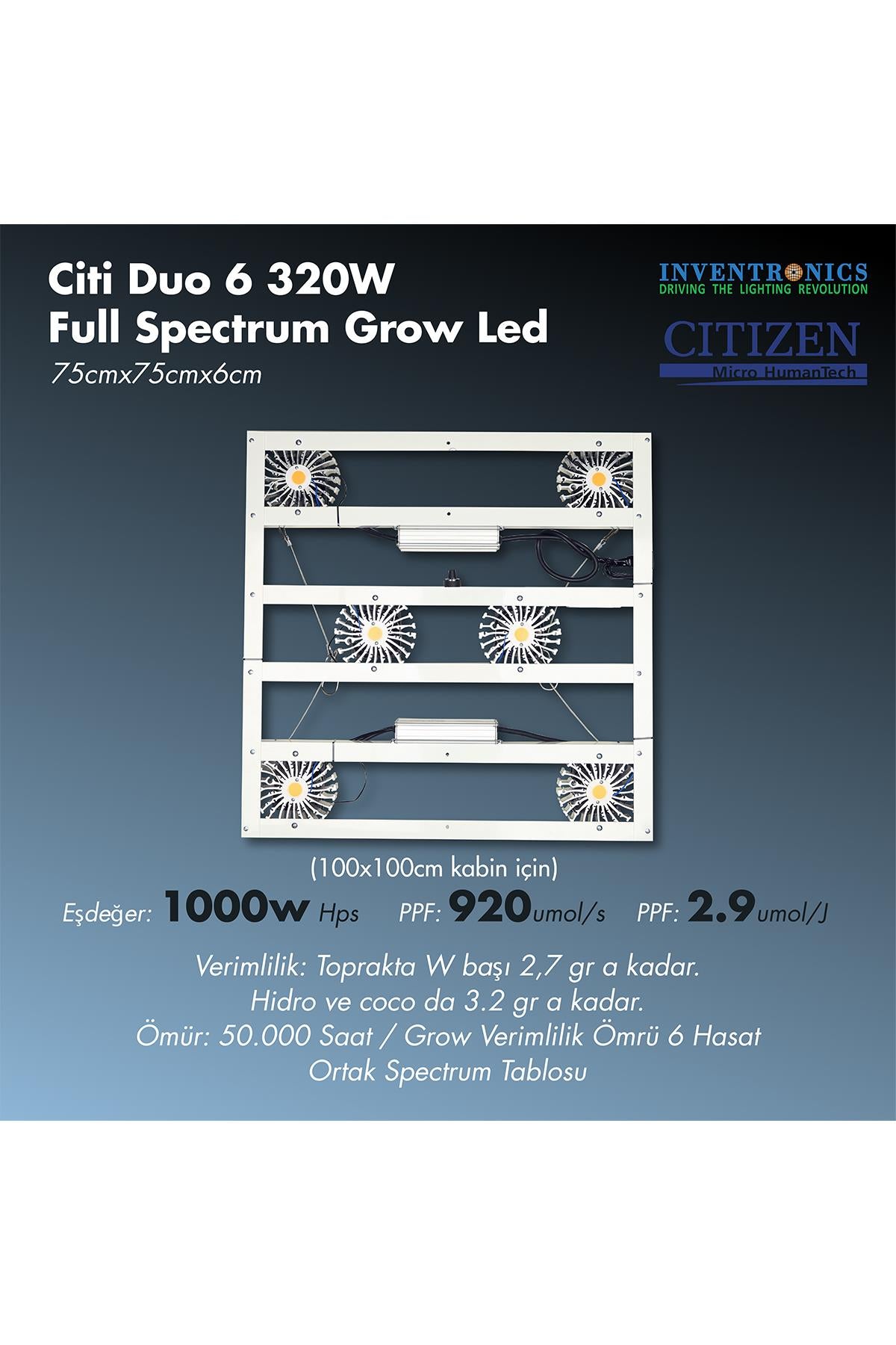Citi 6 Duo 320 W grow LED lamba – altı modüllü gövdeli, alüminyum soğutuculu full spektrum bitki lambası