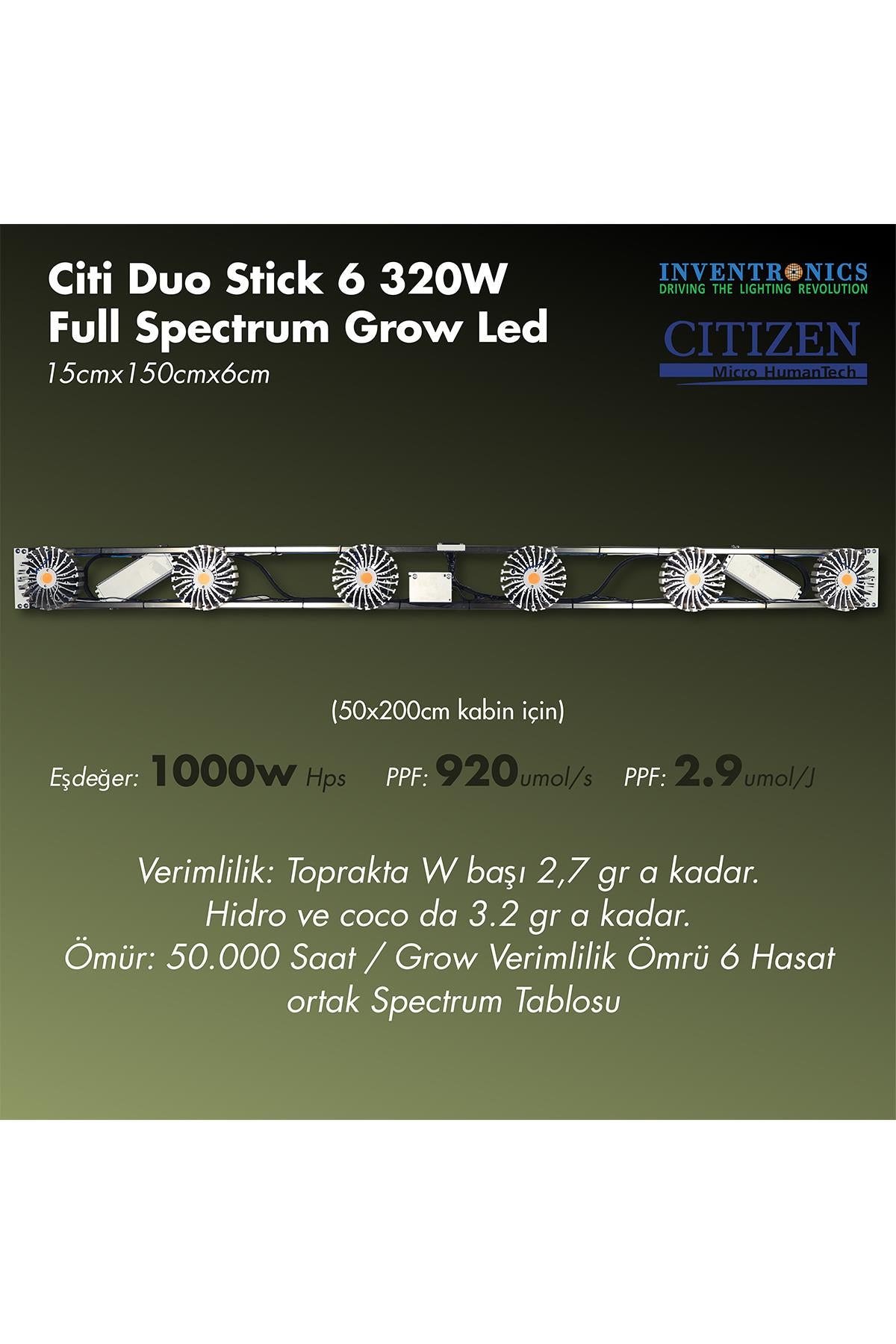Citi 6 Duo Stick 320 W grow LED lamba – uzun çubuk modüllü, dar alanlar için full spektrum bitki lambası