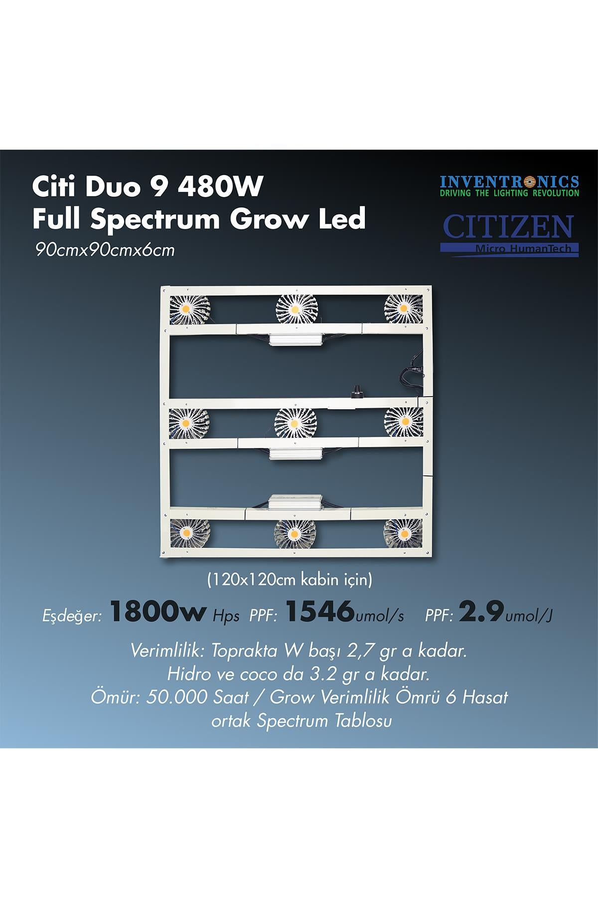Citi 9 Duo 480 W grow LED lamba – dokuz modüllü geniş gövdeli, aktif soğutmalı full spektrum bitki lambası