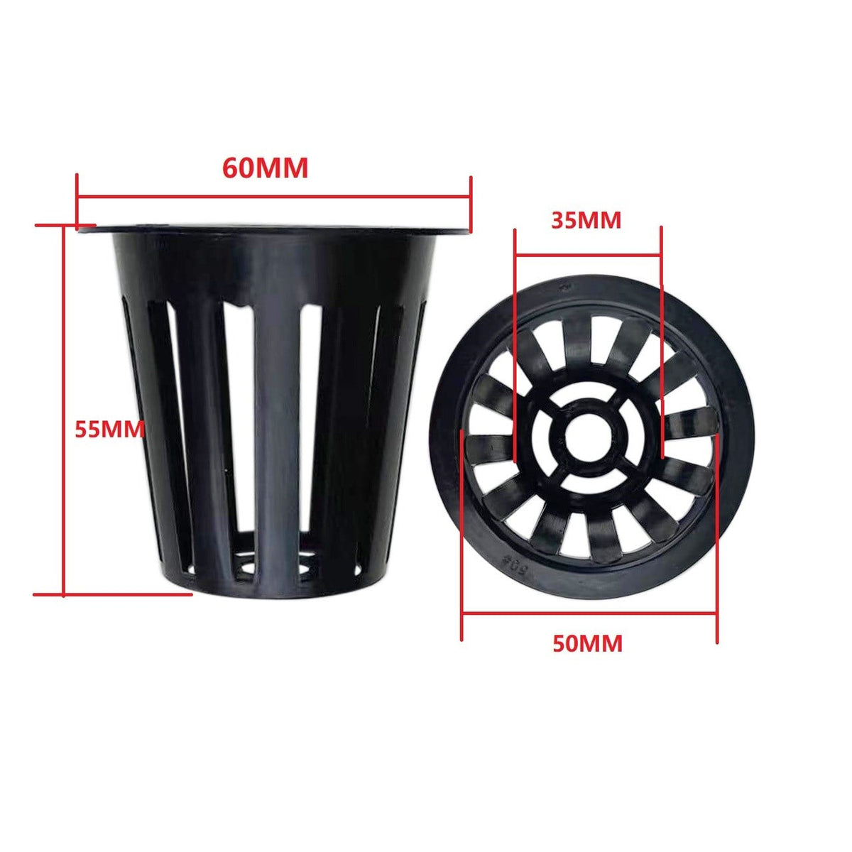 Izgara Gövdeli Siyah Net Pot Saksı – 48, 50, 55 ve 80 mm Boylar, Paketli