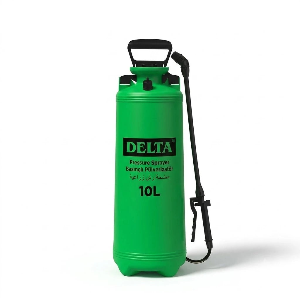 Delta K-83 10 litre basınçlı ilaçlama pompası – açık yeşil silindir hazne, siyah taşıma kolu, hortum ve uzatma lansı, üzerinde 10L yazısı