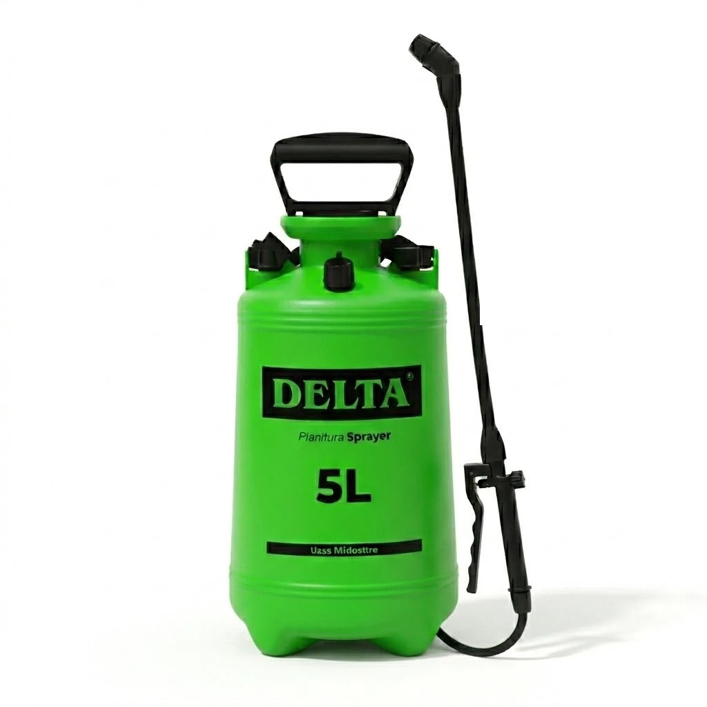 Delta K-81 5 litre basınçlı ilaçlama pompası – açık yeşil silindir hazne, siyah taşıma kolu, hortum ve uzatma lansı, üzerinde 5L yazısı