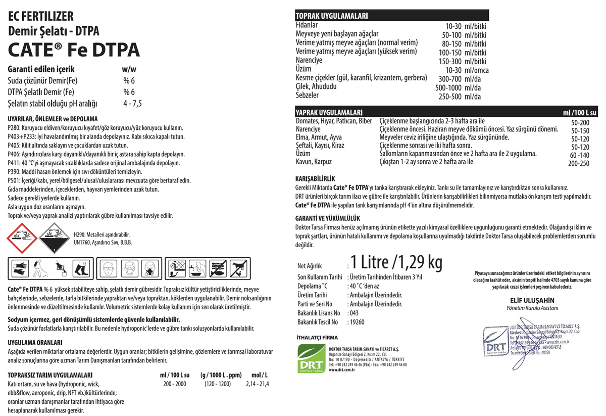 Şelatlı Sıvı Demir DRT Cate Fe DTPA – %6 Fe, Topraksız Tarım ve Damla Sulama, 1 Litre