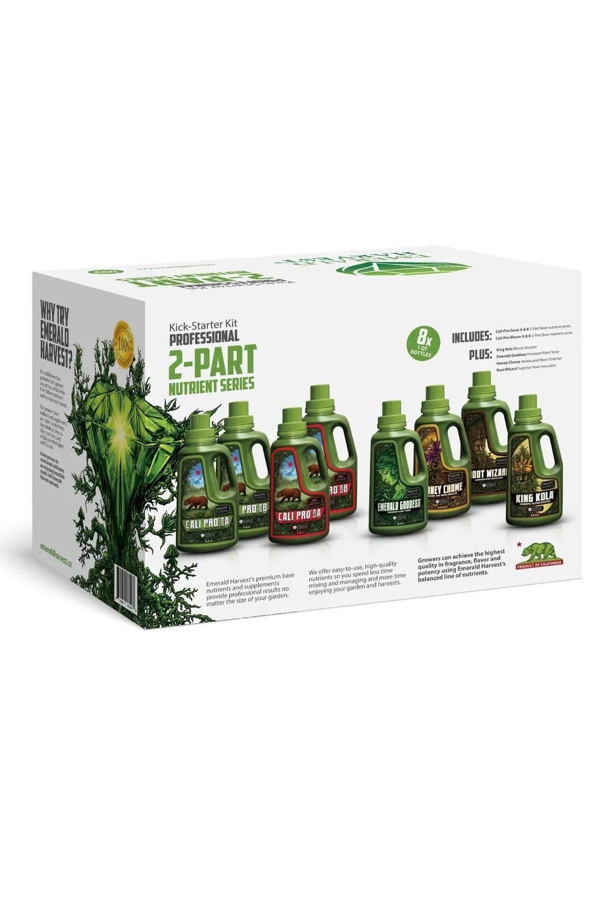 Emerald Harvest 2 Part Starter Kit – farklı renk etiketli koyu yeşil kulplu şişelerden oluşan başlangıç besin seti