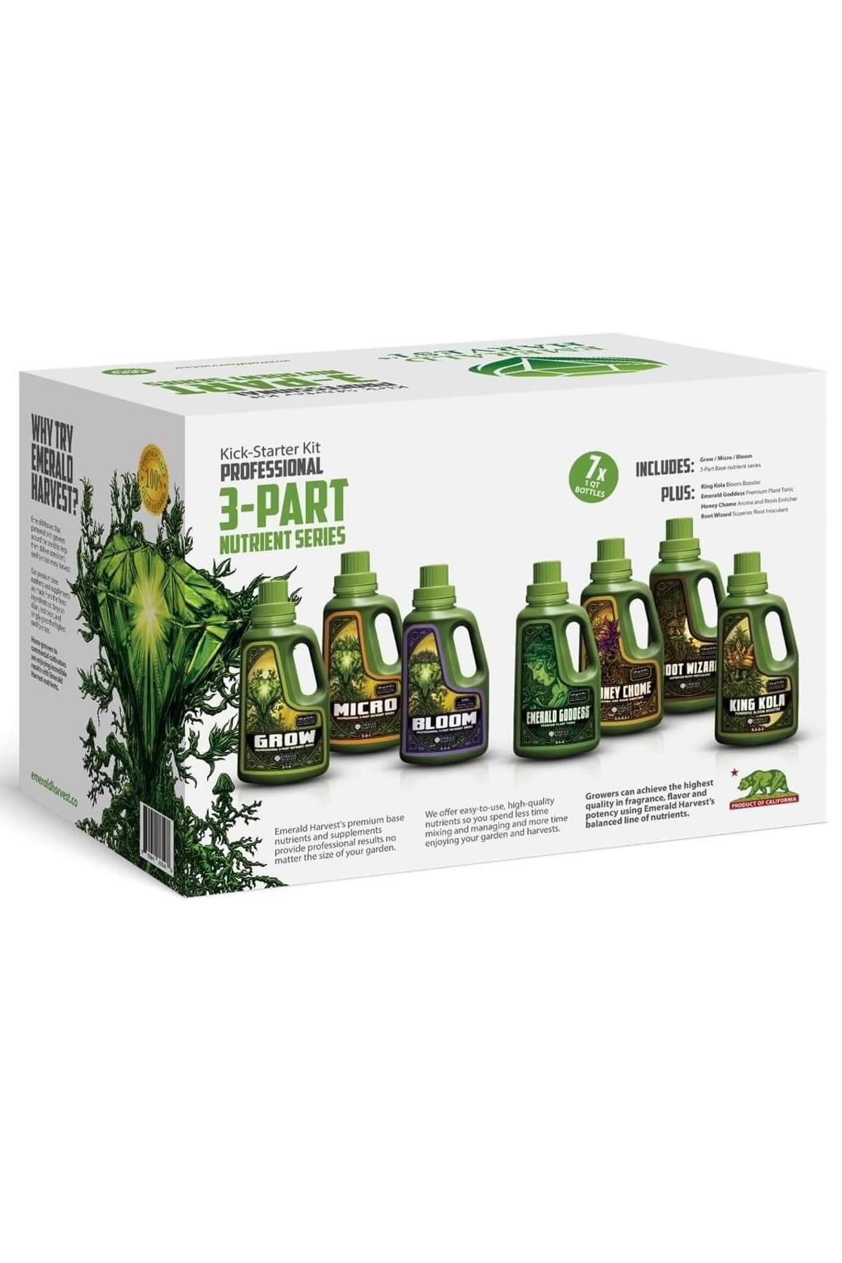 Emerald Harvest 3 Part Starter Kit – yeşil, turuncu ve mor etiketli şişelerle takviyelerden oluşan yedi parçalı set