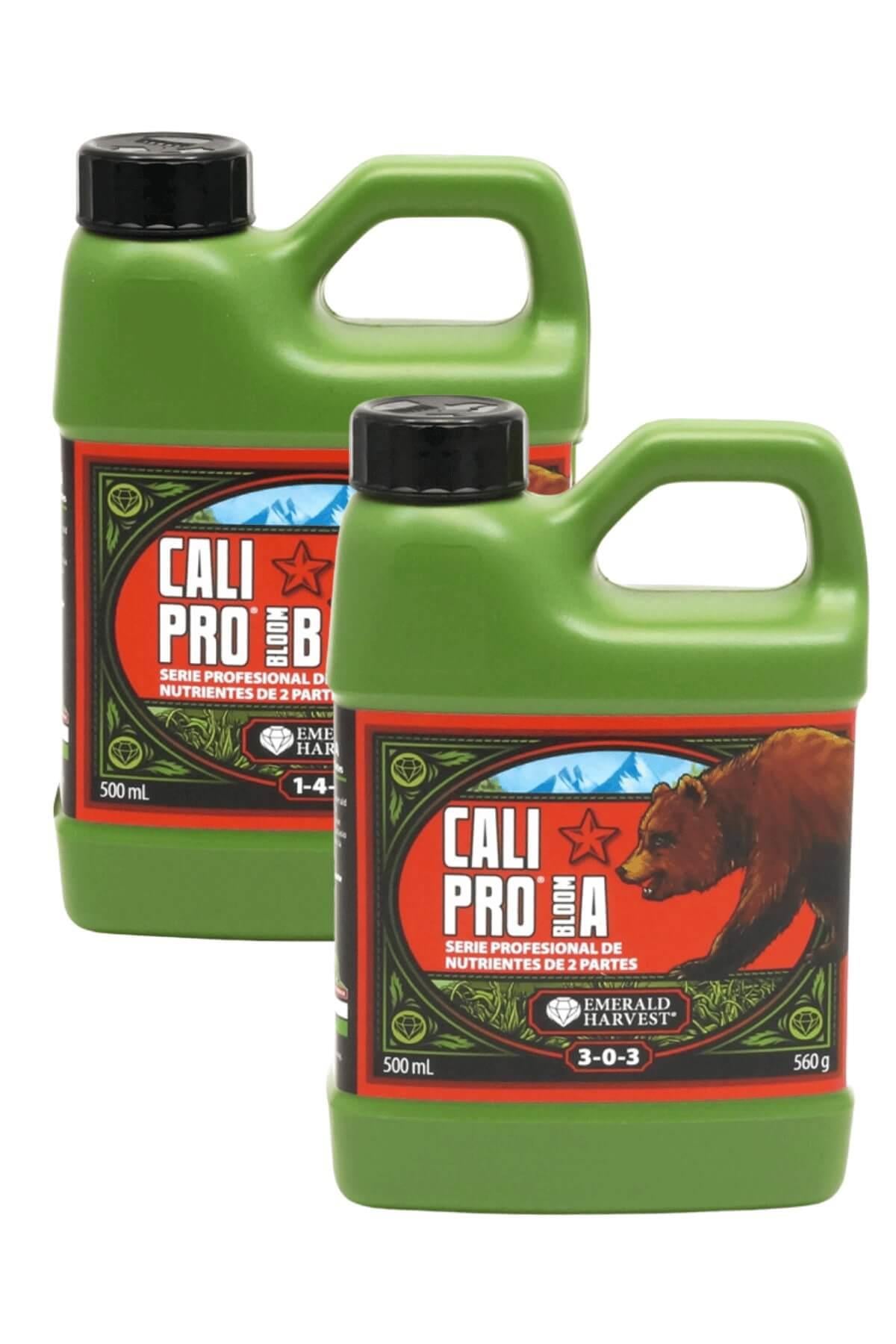 Emerald Harvest Cali Pro Bloom A-B 500 ml – kırmızı çerçeveli etiketli, ayı görselli iki koyu yeşil kulplu şişe
