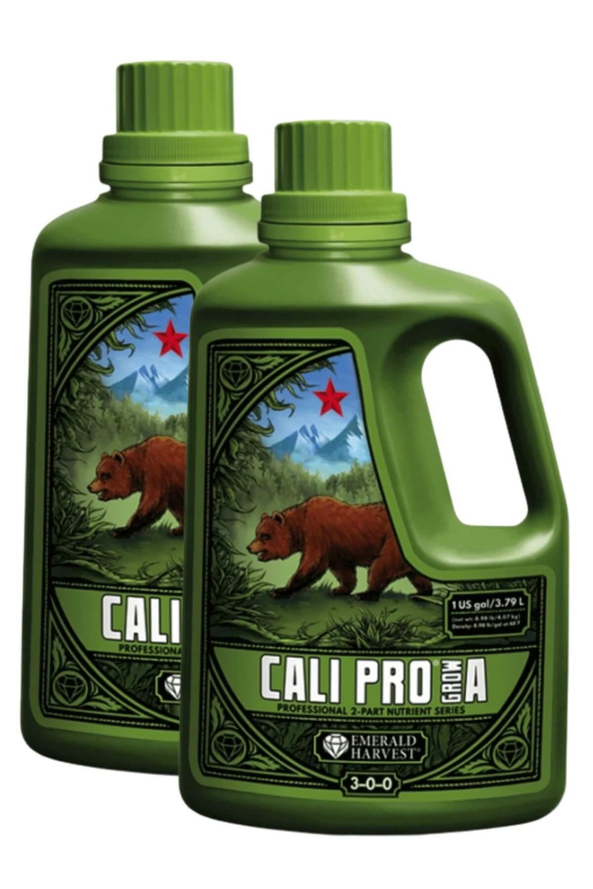 Emerald Harvest Cali Pro Grow A-B 3,79 litre – yeşil çerçeveli etiketli, ayı ve dağ görselli iki koyu yeşil şişe
