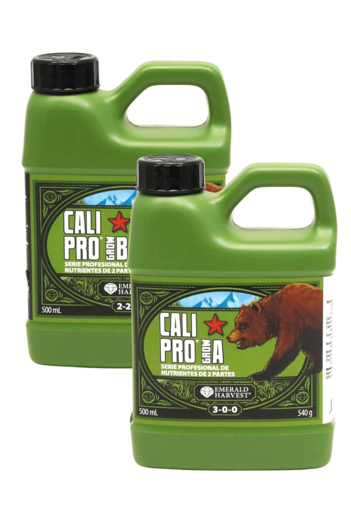 Emerald Harvest Cali Pro Grow A-B 500 ml – yeşil çerçeveli etiketli, ayı ve dağ görselli iki koyu yeşil şişe