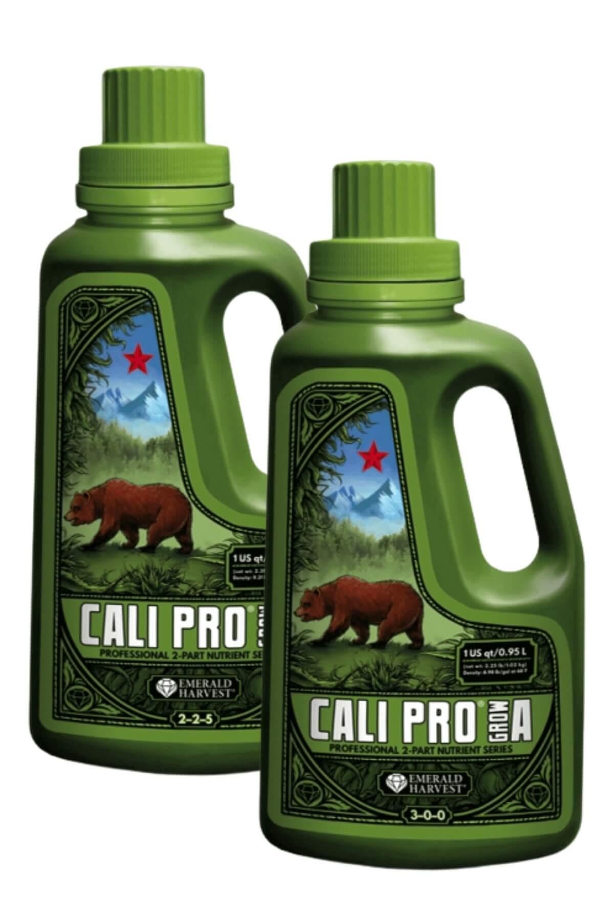 Emerald Harvest Cali Pro Grow A-B 950 ml – yeşil çerçeveli etiketli, ayı ve dağ görselli iki koyu yeşil şişe