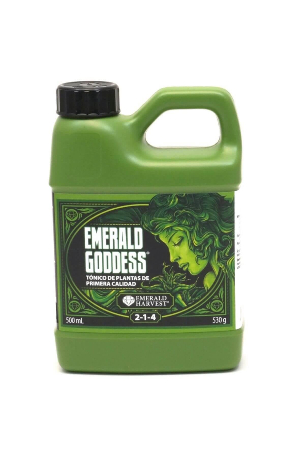 Emerald Harvest Emerald Goddess 500 ml – koyu yeşil kulplu şişe, yapraklardan oluşan kadın yüzü illüstrasyonlu etiket