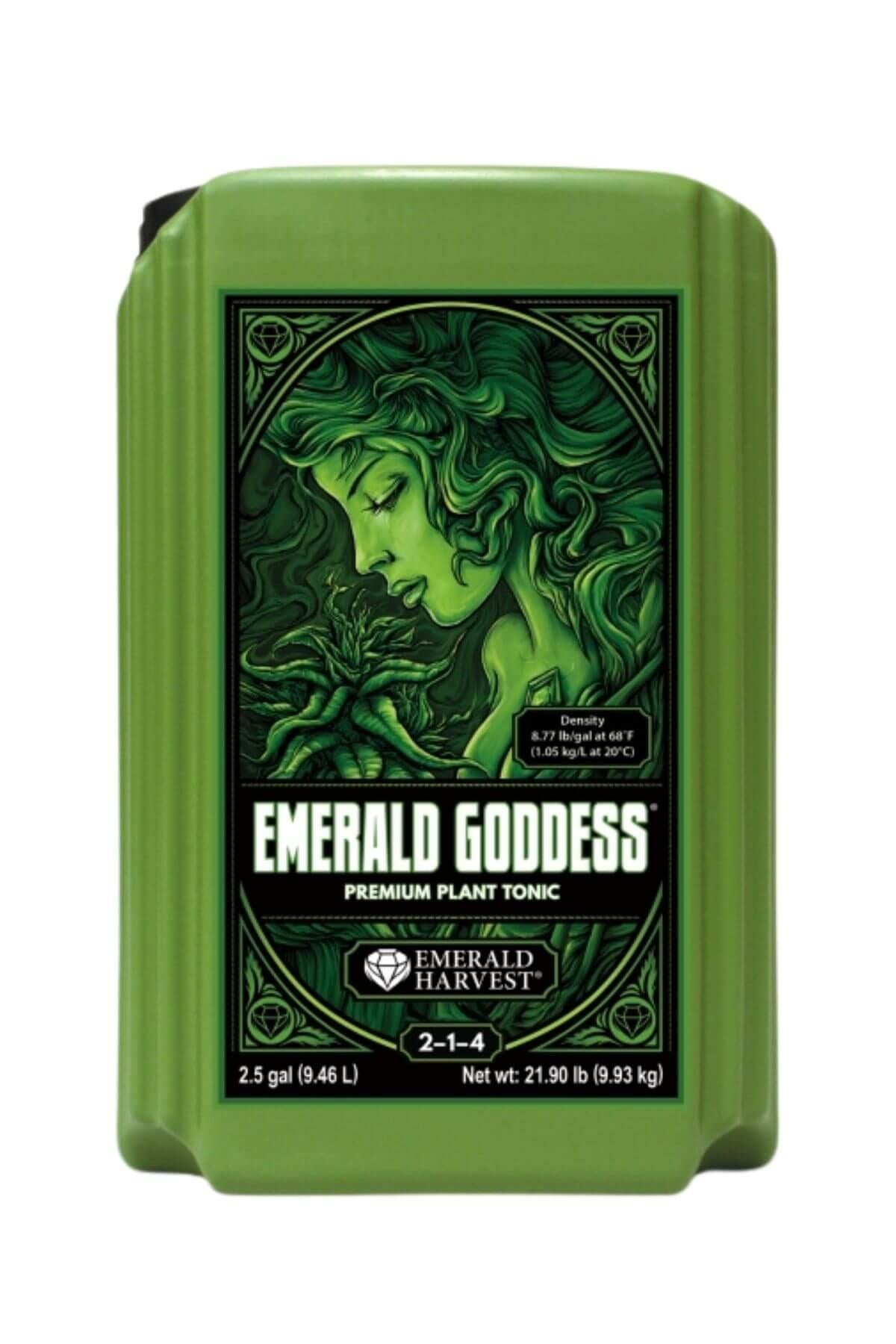 Emerald Harvest Emerald Goddess 9,46 litre – koyu yeşil kulplu şişe, yapraklardan oluşan kadın yüzü illüstrasyonlu etiket