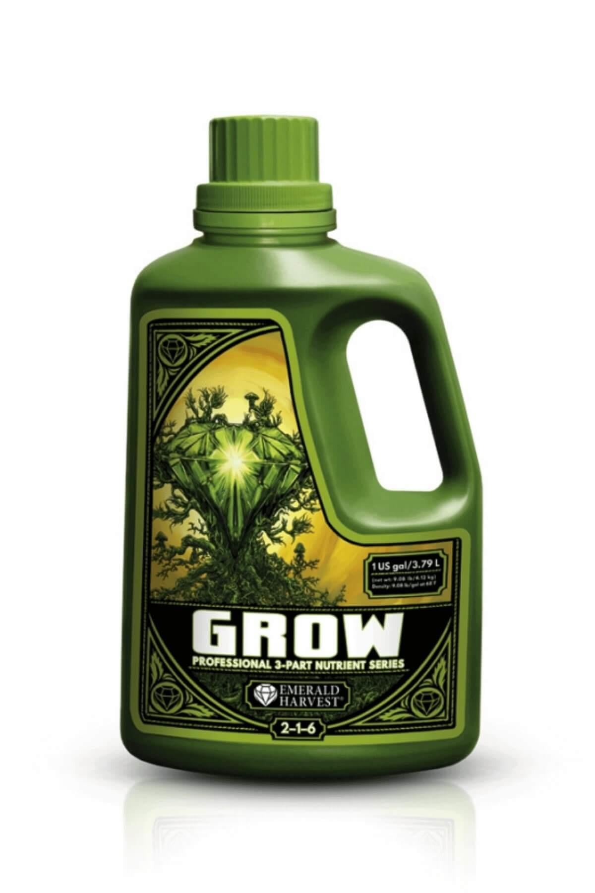 Emerald Harvest Grow 3,79 litre – koyu yeşil kulplu şişe, sarı yeşil etiket ve beyaz GROW yazısı