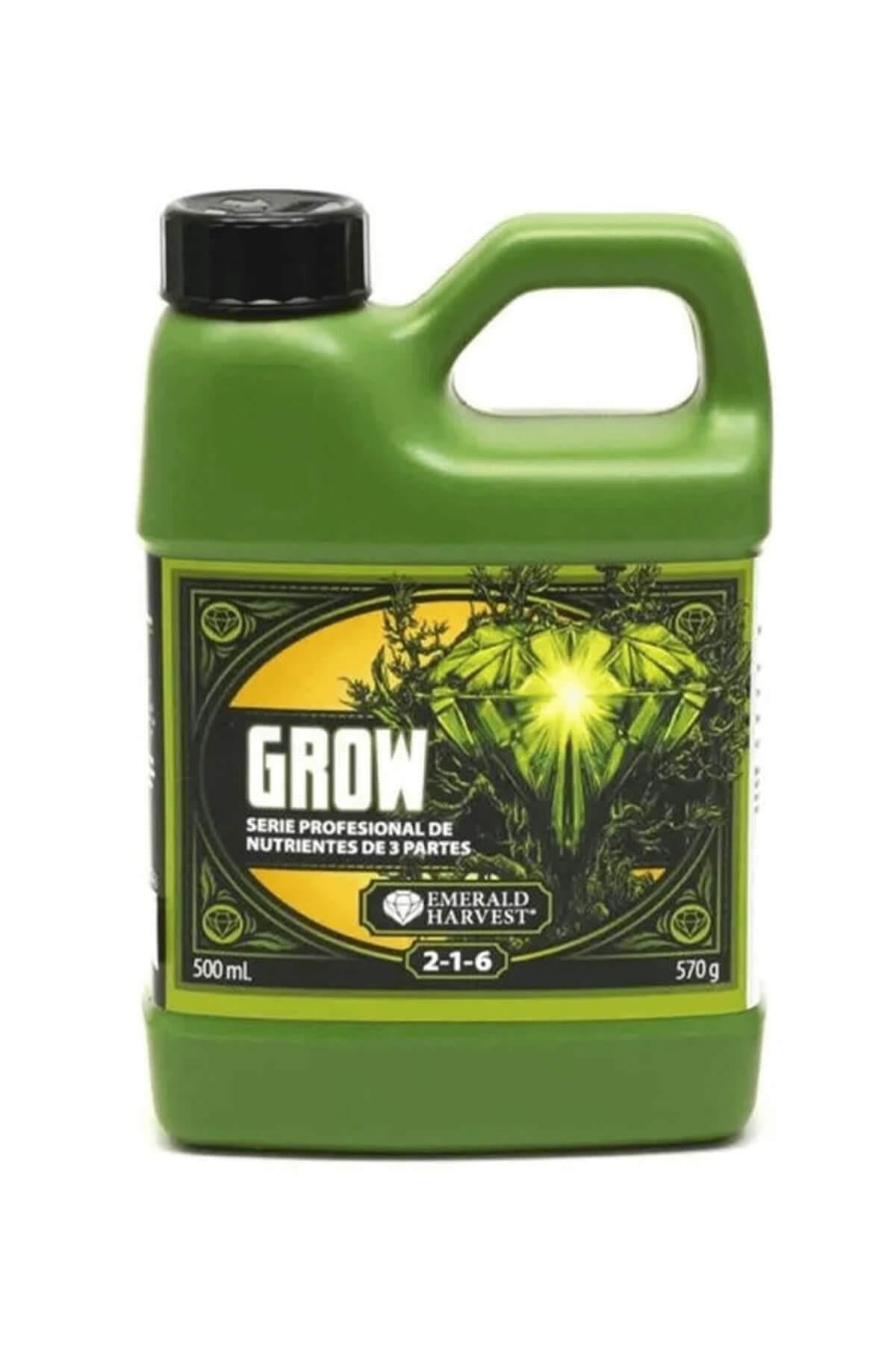 Emerald Harvest Grow 500 ml – koyu yeşil kulplu şişe, sarı yeşil etiket ve beyaz GROW yazısı