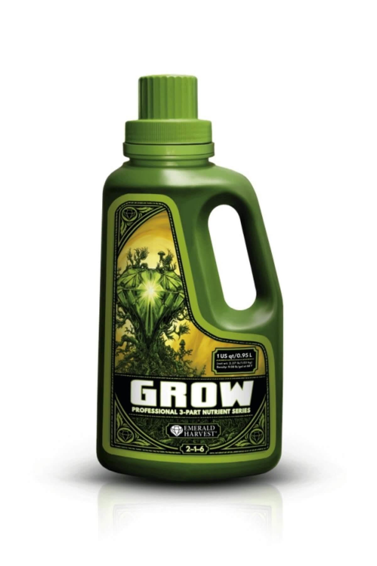 Emerald Harvest Grow 950 ml – koyu yeşil kulplu şişe, sarı yeşil etiket ve beyaz GROW yazısı