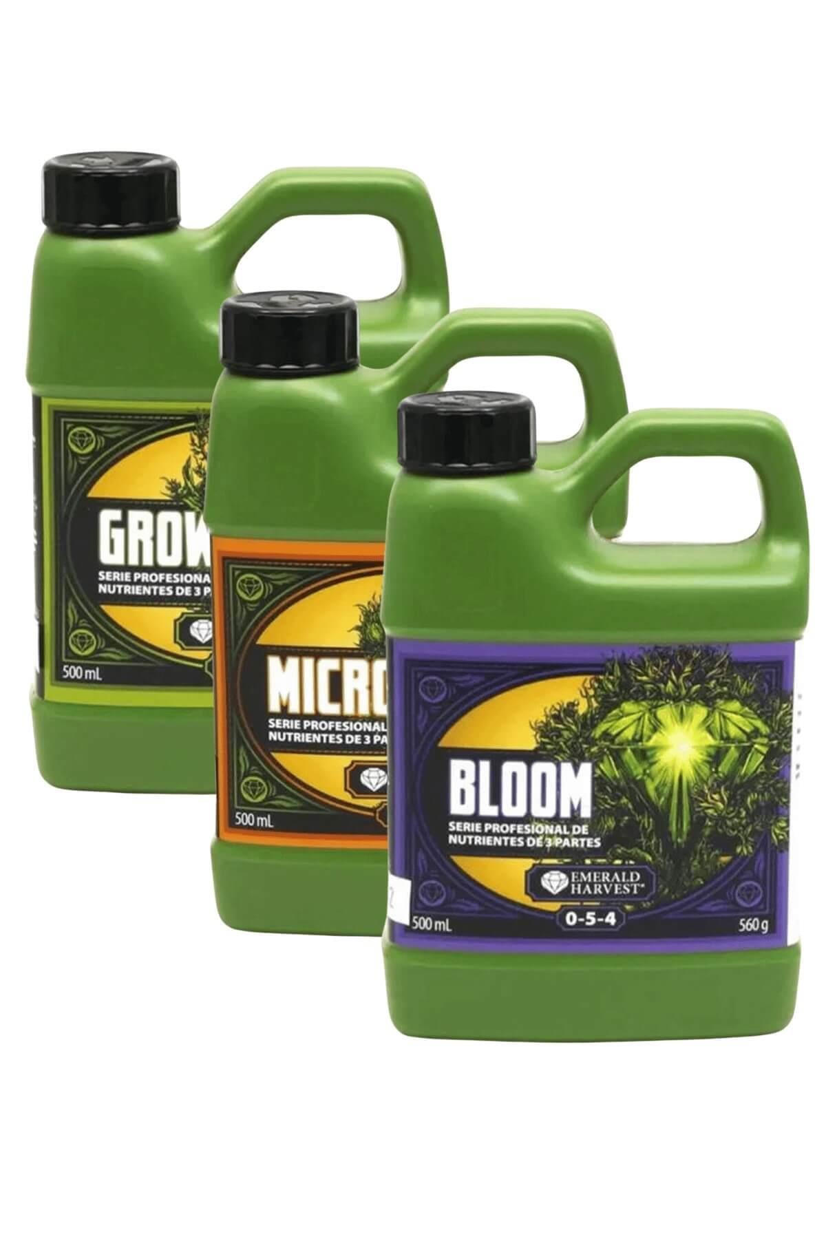 Emerald Harvest Grow Micro Bloom 500 ml – yan yana duran yeşil, turuncu ve mor etiketli üç koyu yeşil şişe