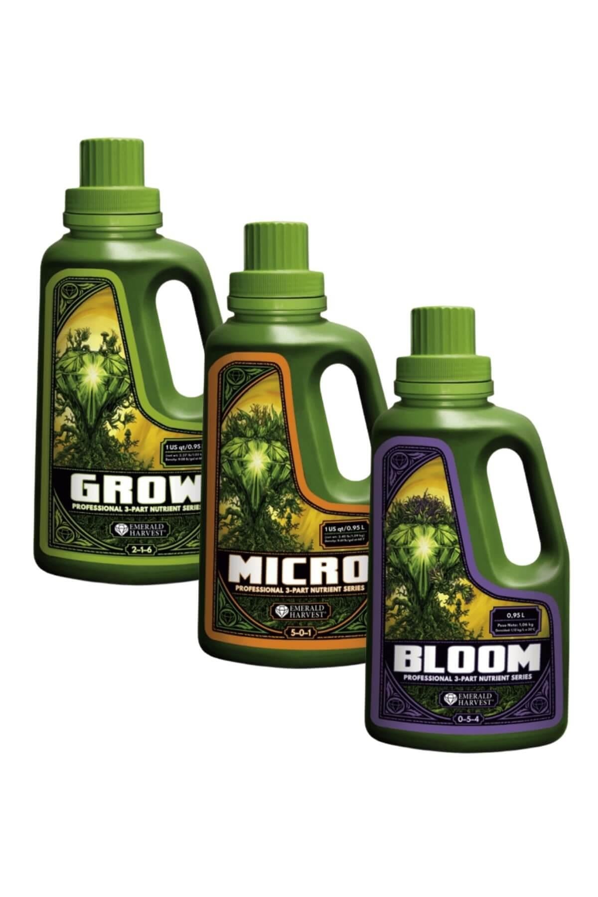 Emerald Harvest Grow Micro Bloom 950 ml – yan yana duran yeşil, turuncu ve mor etiketli üç koyu yeşil şişe