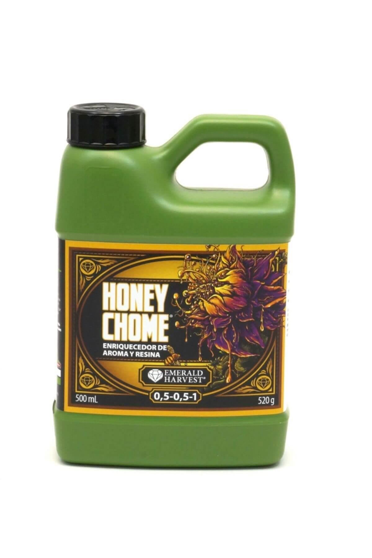 Emerald Harvest Honey Chome 500 ml – koyu yeşil kulplu şişe, altın sarısı çerçeveli etiket ve HONEY CHOME yazısı