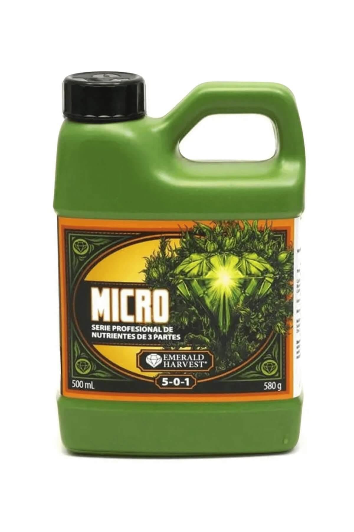 Emerald Harvest Micro 500 ml – koyu yeşil kulplu şişe, turuncu çerçeveli etiket ve beyaz MICRO yazısı