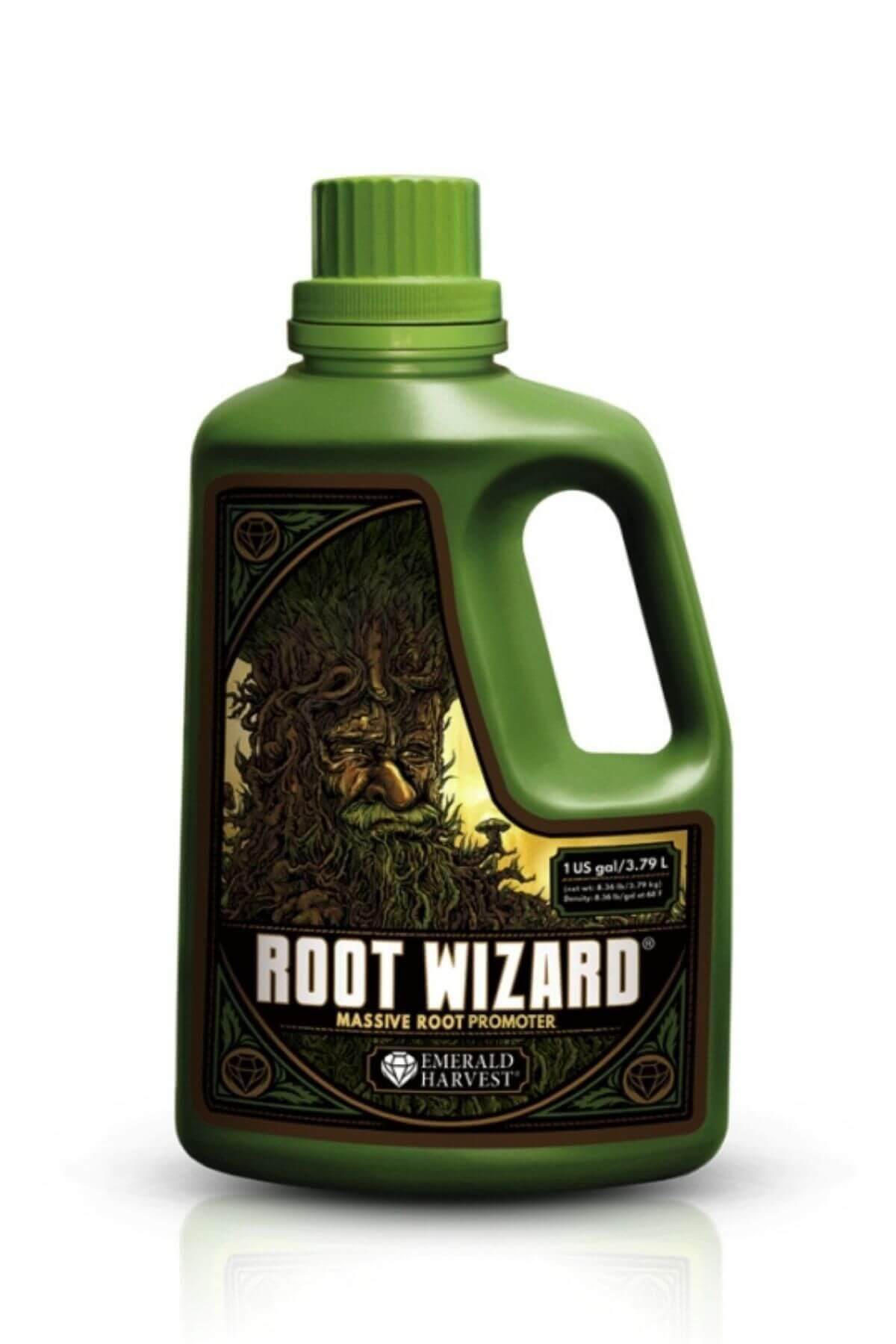 Emerald Harvest Root Wizard 3,79 litre – koyu yeşil kulplu şişe, kök ağı görselli etiket ve ROOT WIZARD yazısı