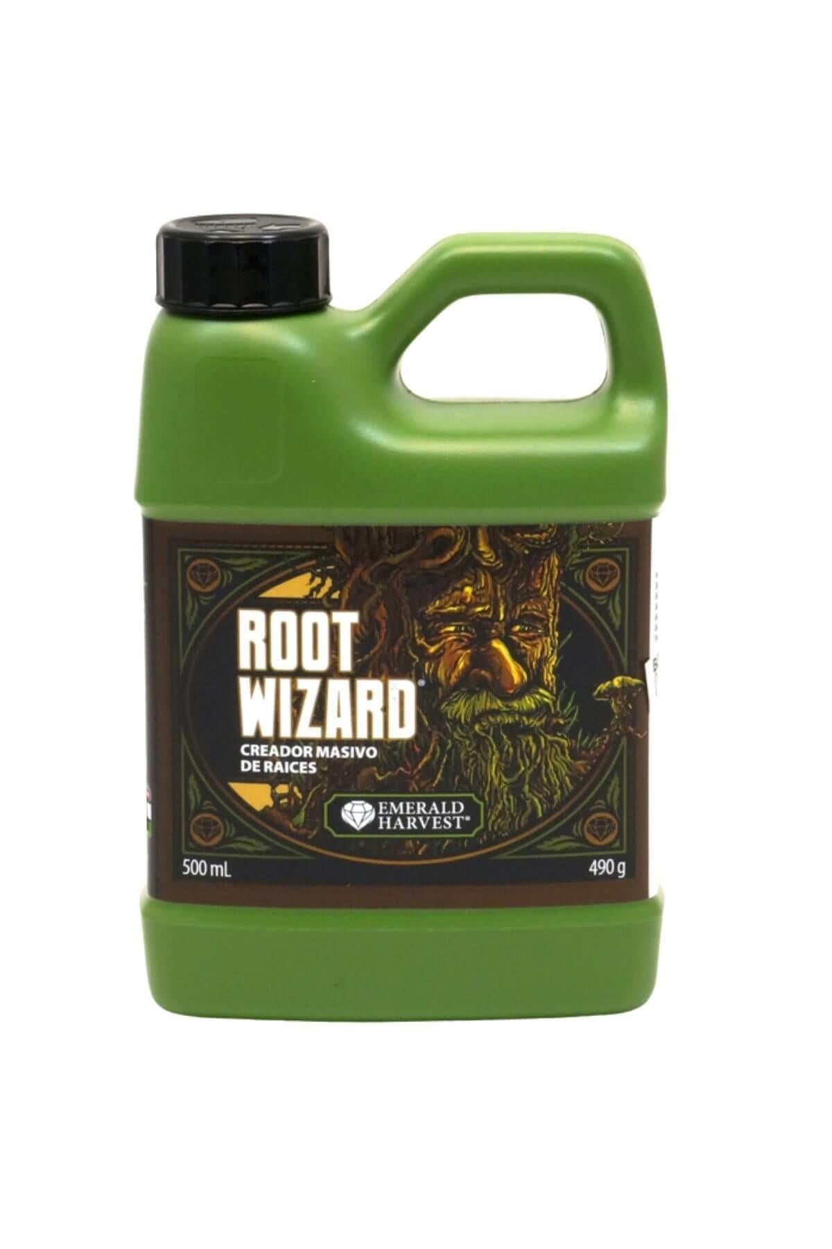 Emerald Harvest Root Wizard 500 ml – koyu yeşil kulplu şişe, kök ağı görselli etiket ve ROOT WIZARD yazısı