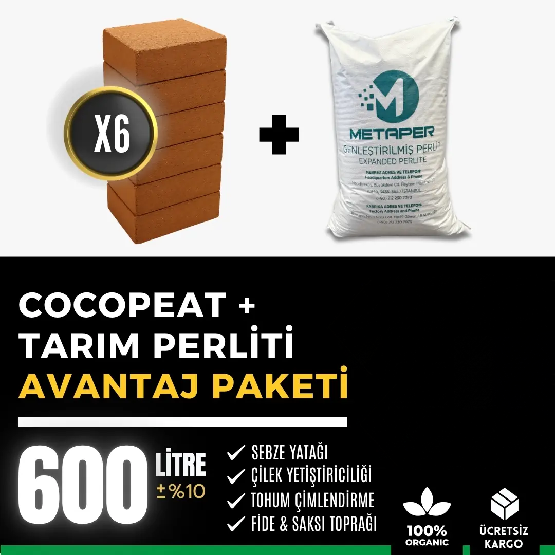 Cocopeat ve tarım perliti 600 litrelik avantaj paketi – altı cocopeat bloğu ve 200 litre perlit