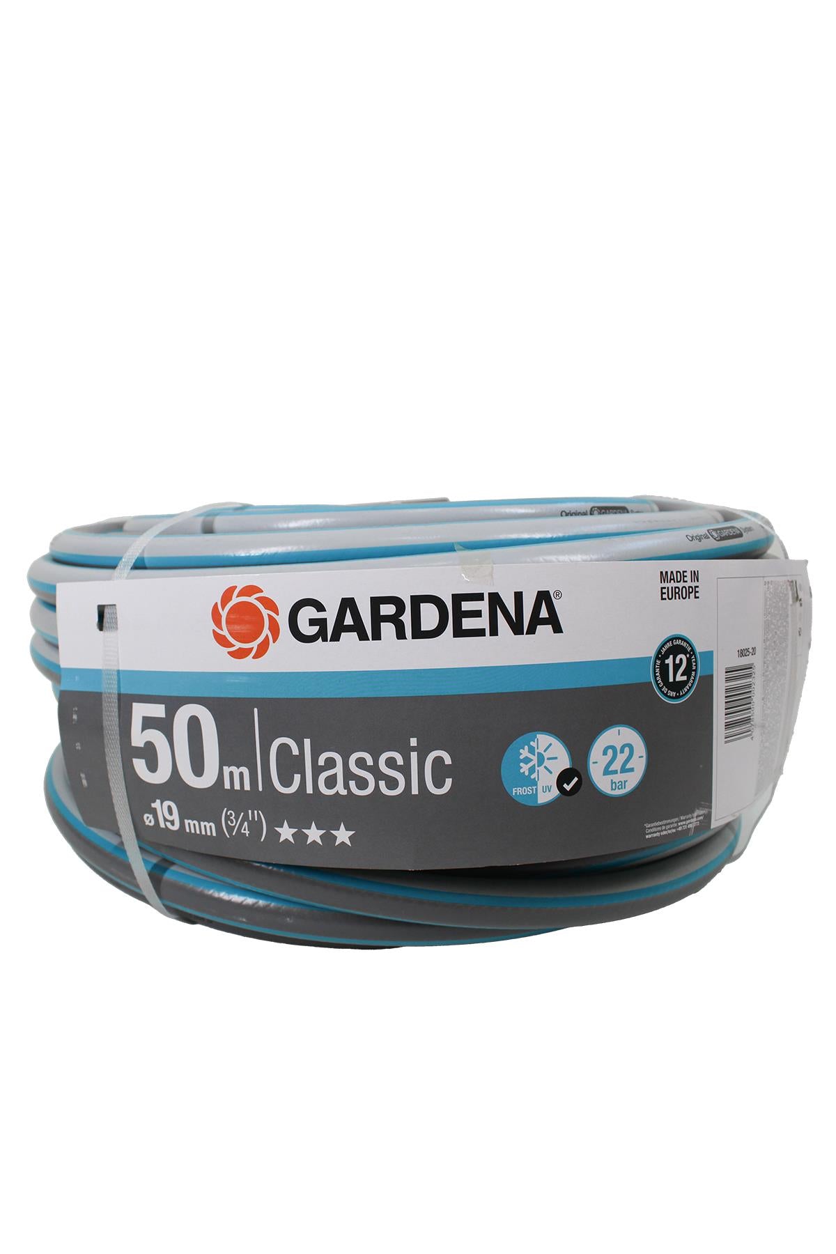 GARDENA Classic hortum 19 mm – yeşil renkli örgü takviyeli bahçe hortumu ve kesit detayı görseli
