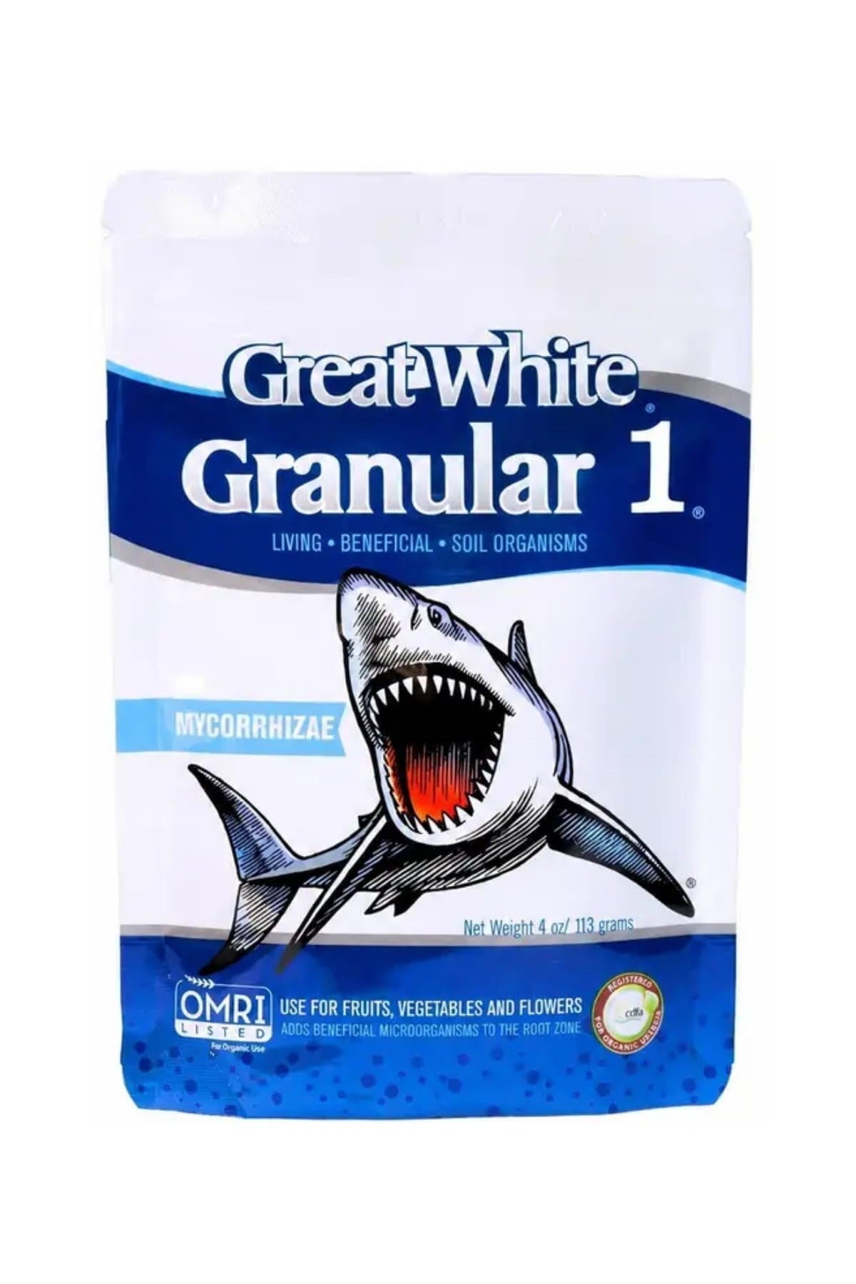 Great White Granular 1 113 gr – granül mikoriza ve Great White markalı küçük boy kavanoz ambalaj