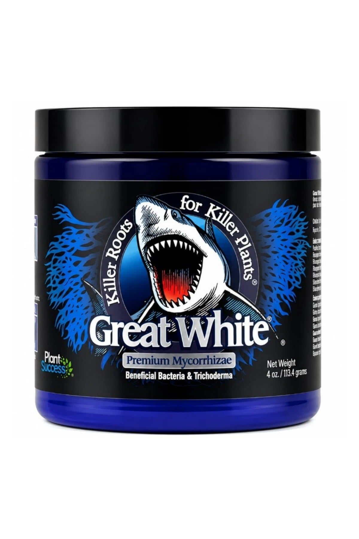 Great White Premium 113 gr toz mikoriza – orta boy kavanoz ambalaj ve Great White ürün etiketi