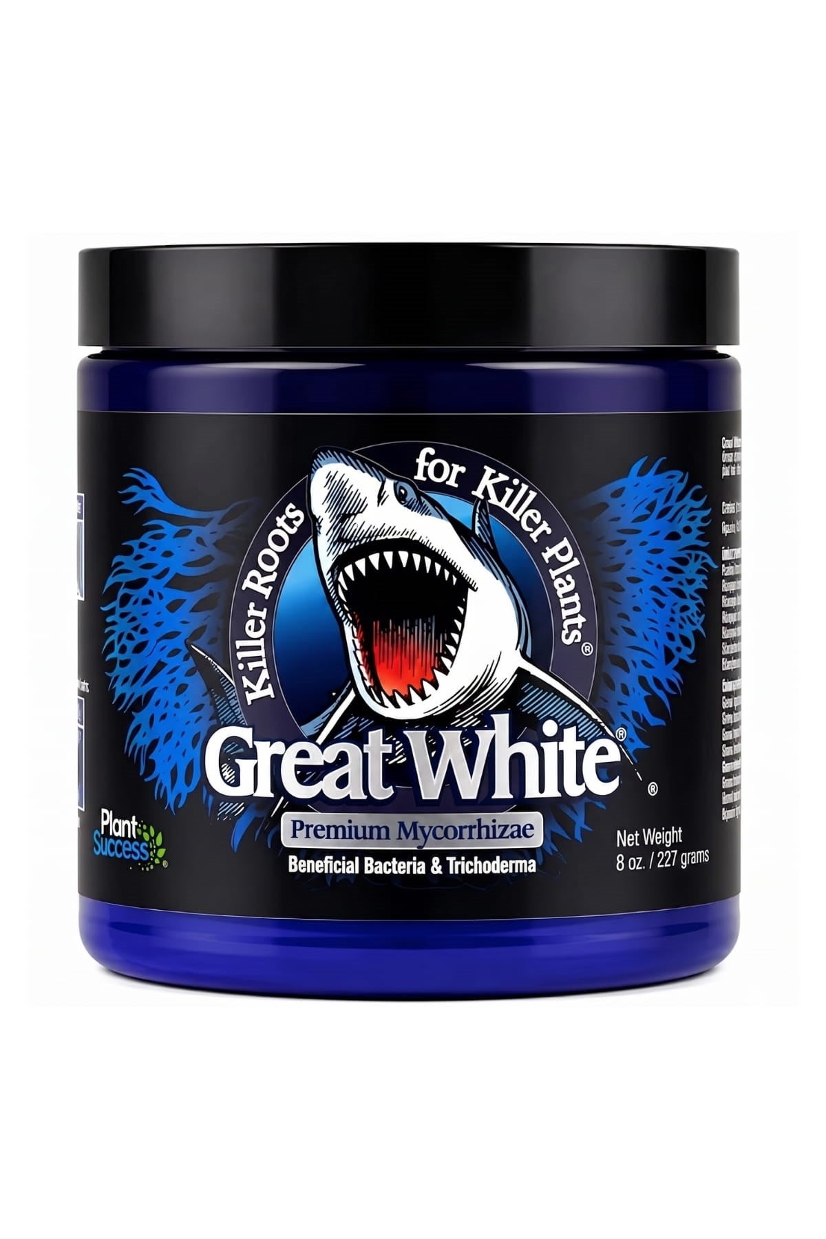 Great White Premium 227 gr toz mikoriza – büyükçe kavanoz ambalaj, kapak ve markalı ürün etiketi