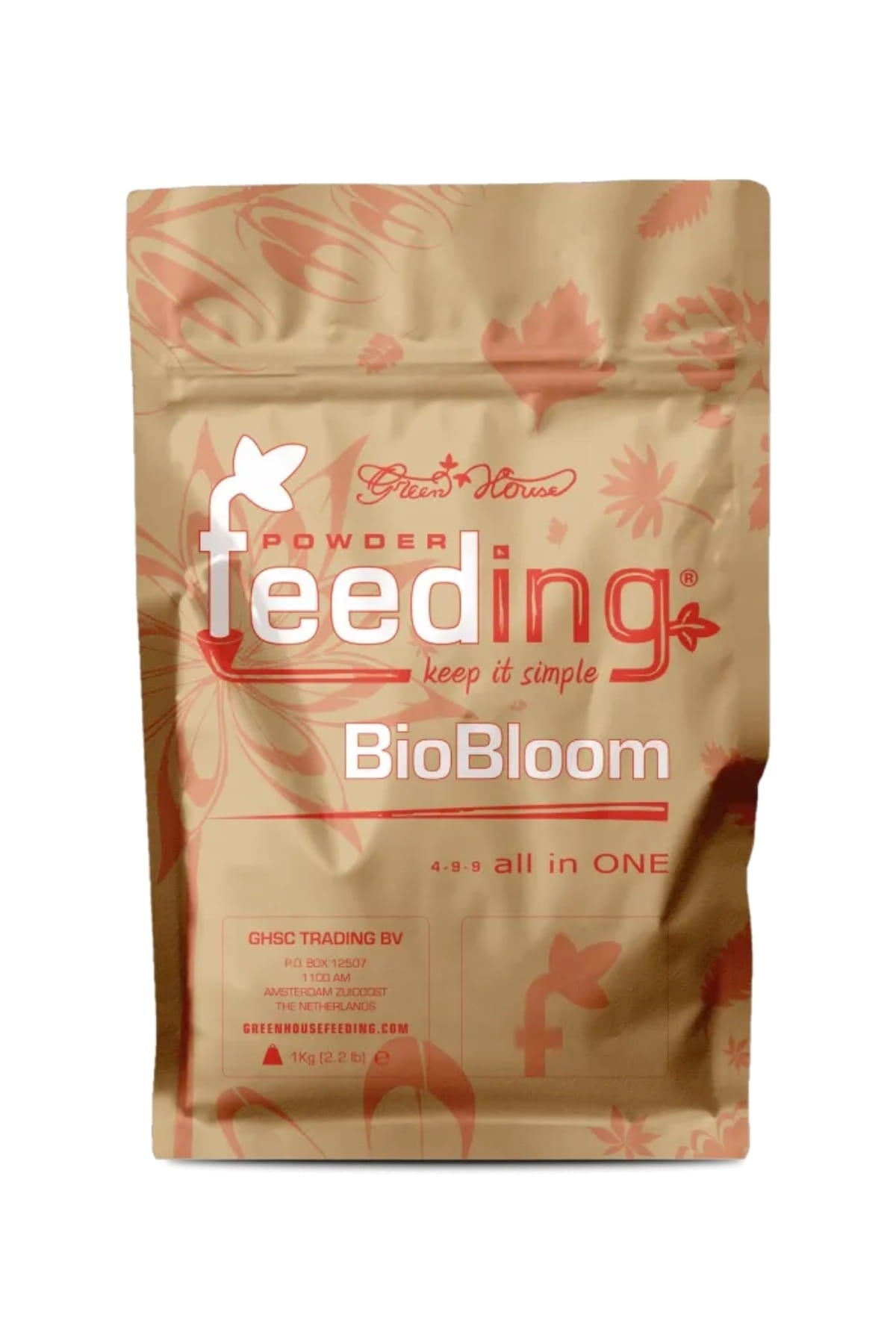 GHF Bio Bloom 1 kg kraft folyo poşet – mercan renkli BioBloom yazısı, all in ONE ibaresi, kilitli ağız