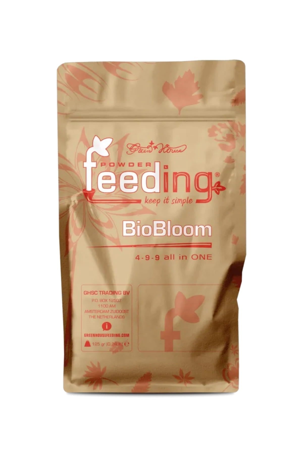 GHF Bio Bloom 125 gram kraft folyo poşet – mercan renkli yaprak deseni, BioBloom yazısı, kilitli ağız