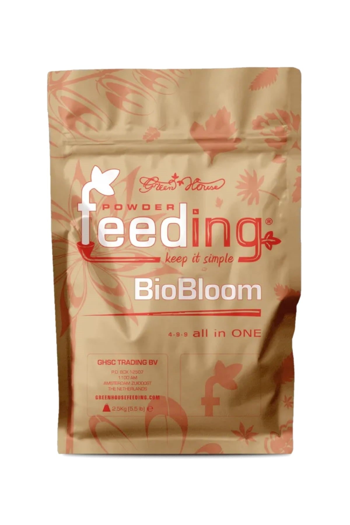 GHF Bio Bloom 2,5 kg kraft folyo poşet – mercan renkli BioBloom yazısı, yaprak deseni, büyük gövde