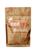 GHF Bio Bloom 500 gram kraft folyo poşet – mercan renkli BioBloom yazısı, yaprak deseni, kilitli ağız