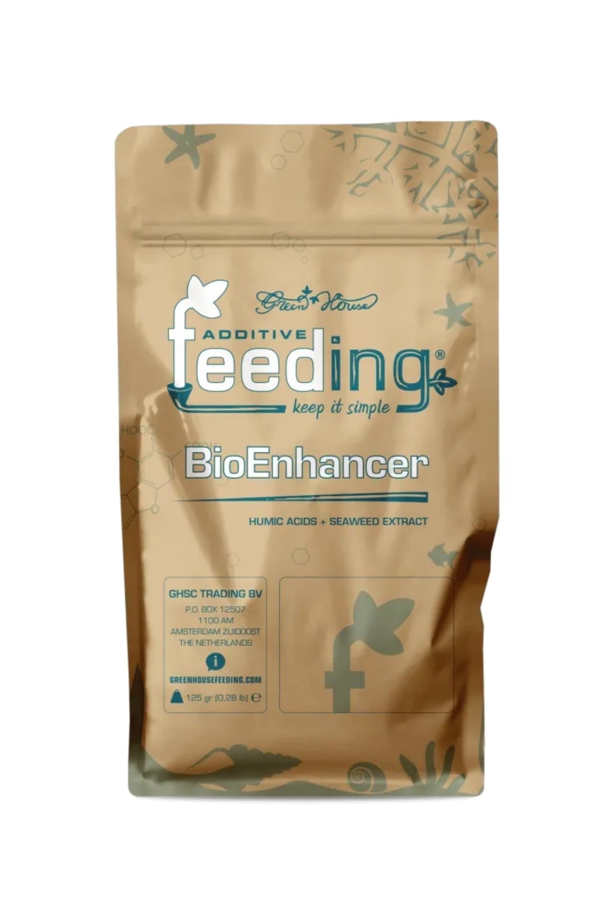 GHF Bio Enhancer 125 gram kraft folyo poşet – turkuaz yazı, deniz yıldızı desenli tasarım, kilitli ağız