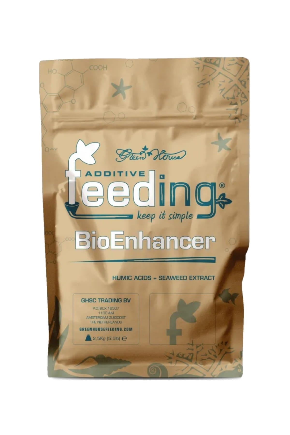 GHF Bio Enhancer 2,5 kg kraft folyo poşet – turkuaz BioEnhancer yazısı, desenli ön yüz, büyük gövde