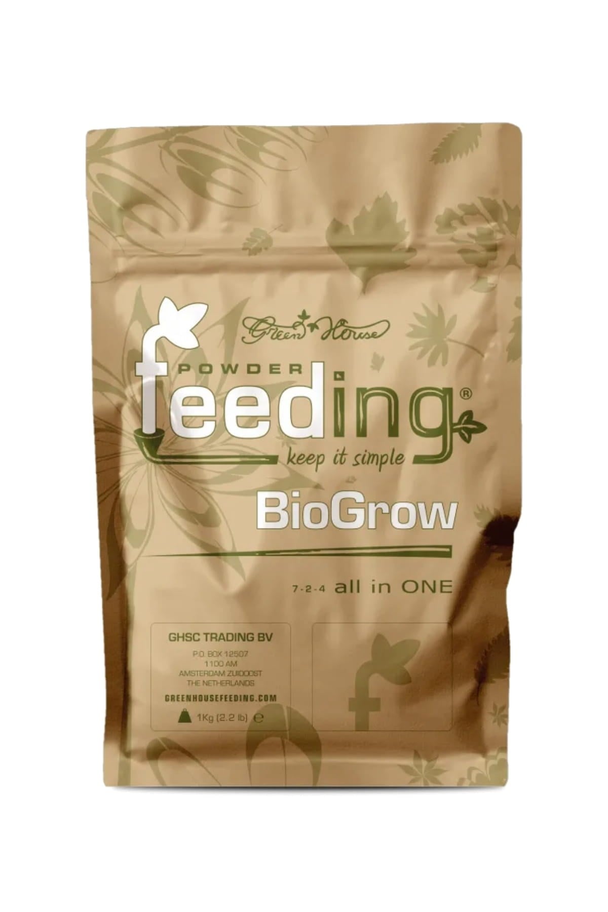GHF Bio Grow 1 kg kraft folyo poşet – yeşil BioGrow yazısı, all in ONE ibaresi ve kilitli ağızlı gövde