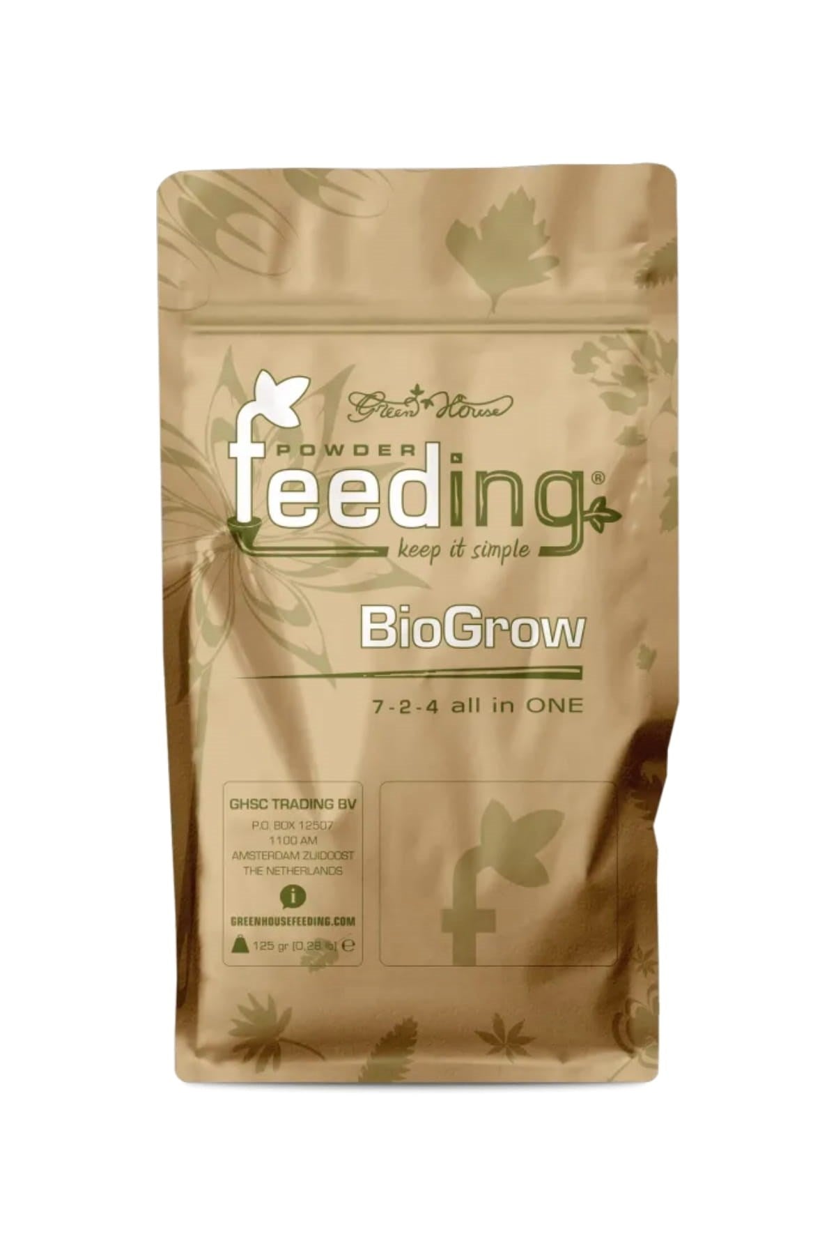 GHF Bio Grow 125 gram kraft folyo poşet – yeşil BioGrow yazısı, yapraklı desen ve kilitli ağızlı gövde