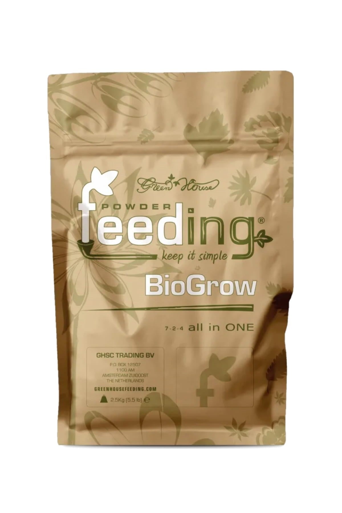 GHF Bio Grow 2,5 kg kraft folyo poşet – yeşil BioGrow yazısı, yaprak deseni ve büyük hacimli gövde
