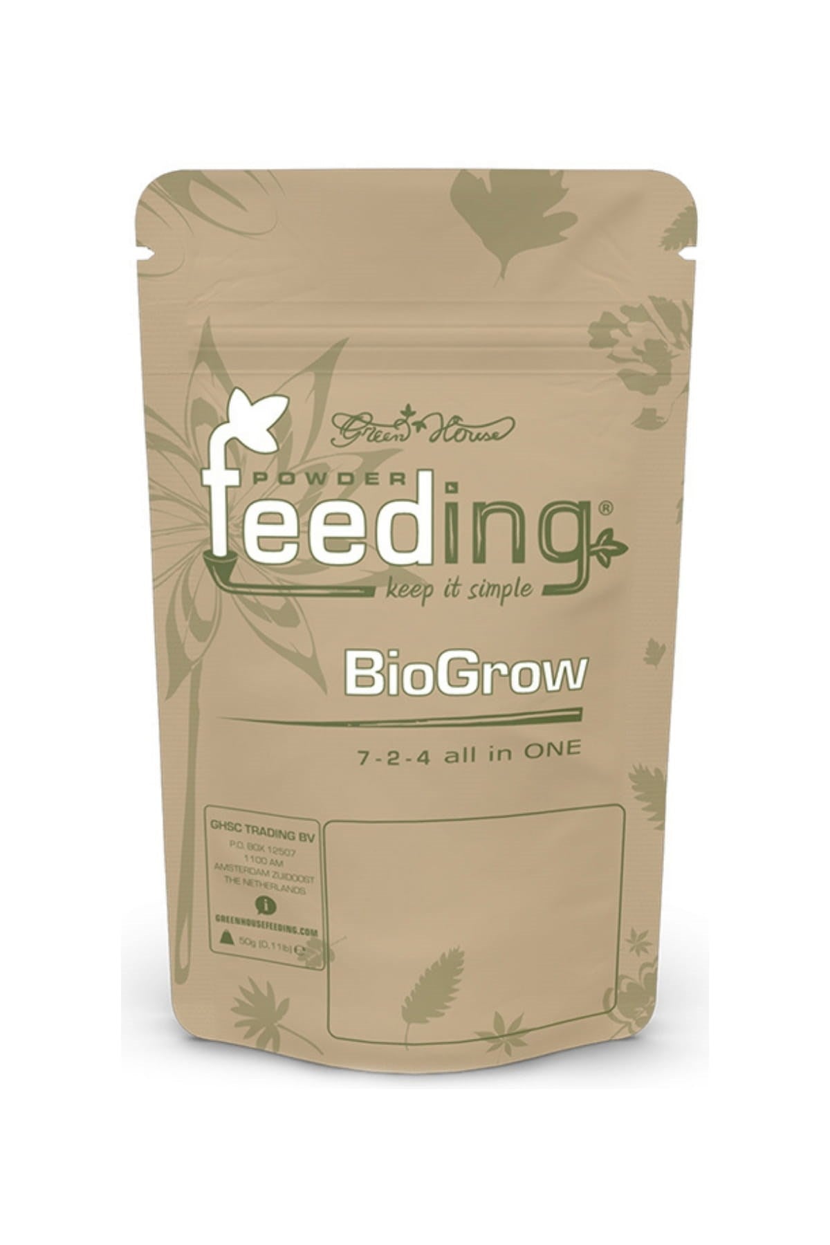 GHF Bio Grow 50 gram kraft renkli folyo poşet – yeşil BioGrow yazısı, 7-2-4 değeri ve kilitli ağız