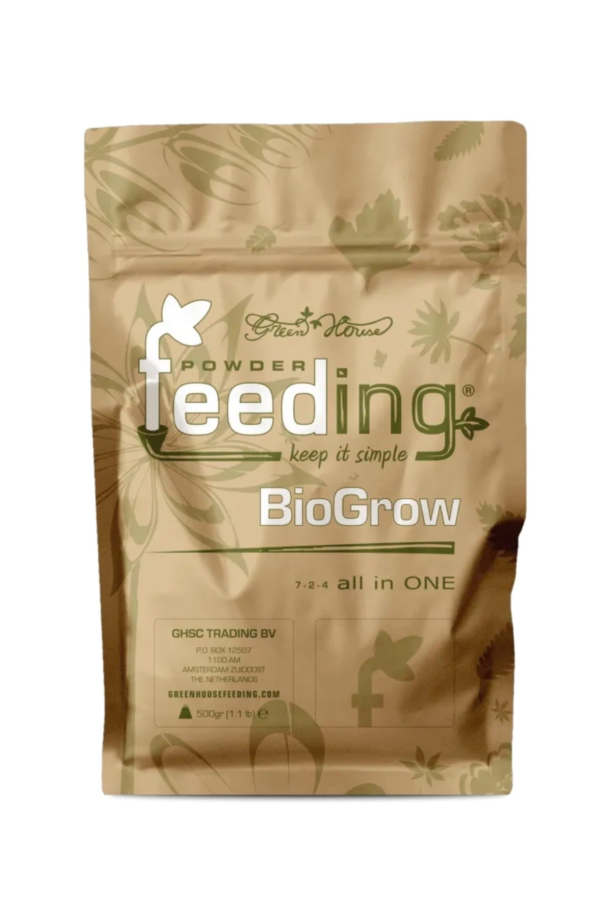 GHF Bio Grow 500 gram kraft folyo poşet – yeşil BioGrow yazısı, yaprak deseni ve kilitli ağızlı gövde