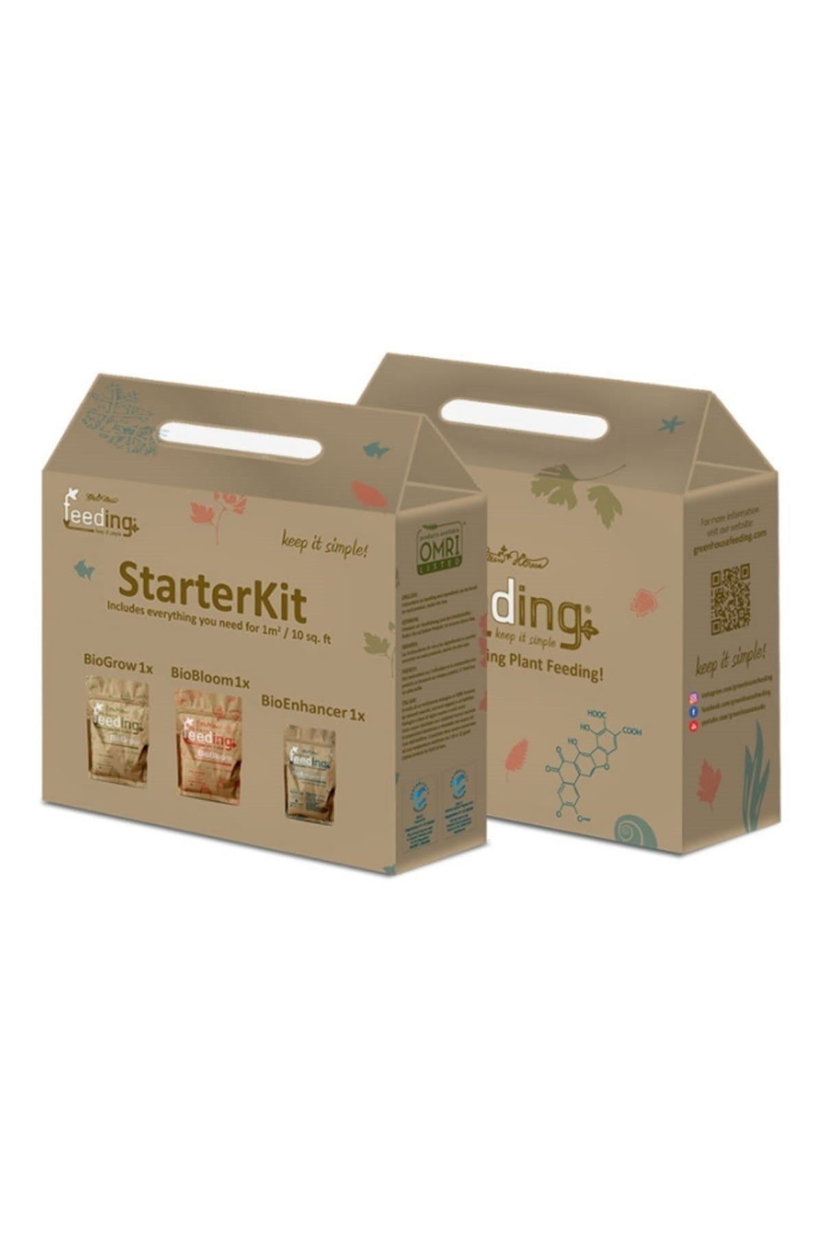 GHF Bio Starter Kit – kulplu kraft karton kutu, üzerinde BioGrow, BioBloom ve BioEnhancer paketleri