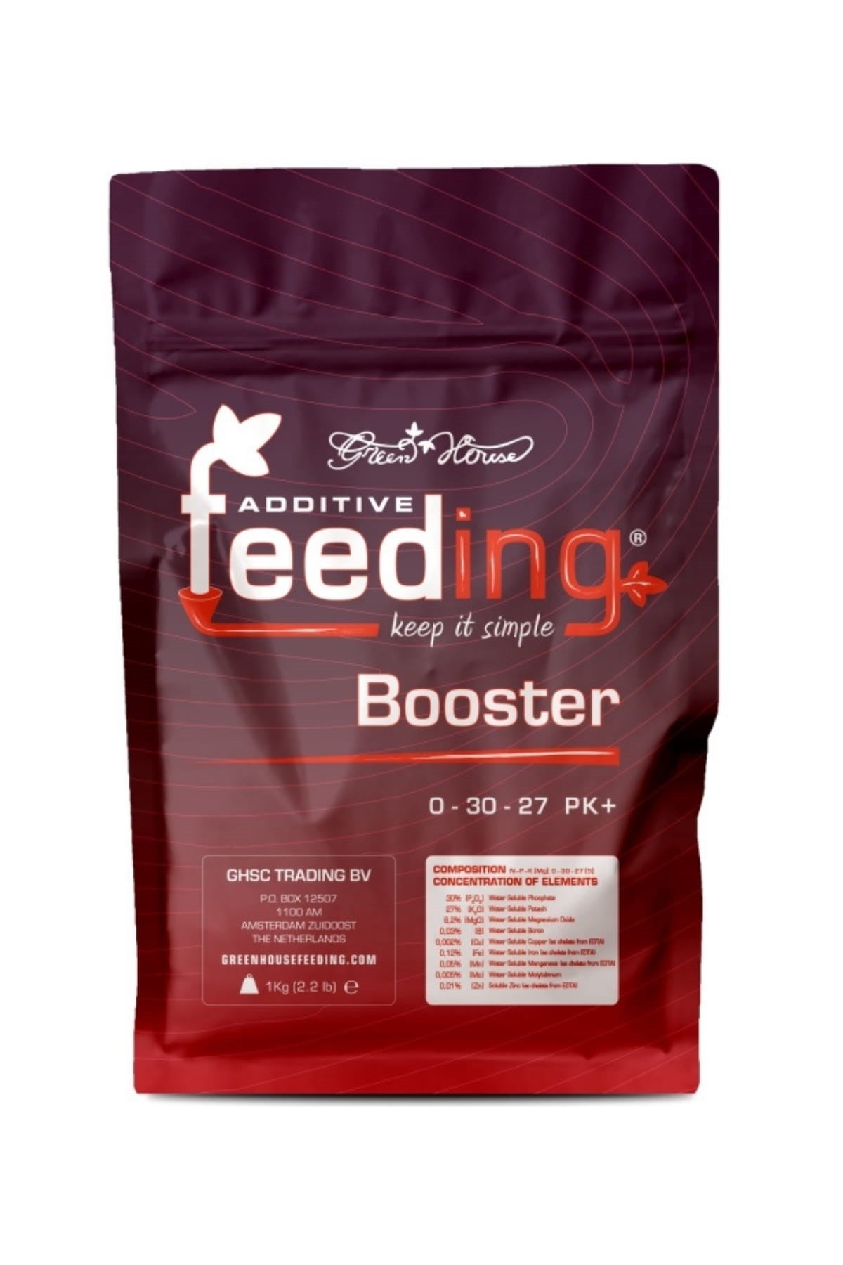 GHF Booster 1 kg bordo folyo poşet – Additive Feeding logosu, analiz tablosu ve kilitli ağızlı gövde