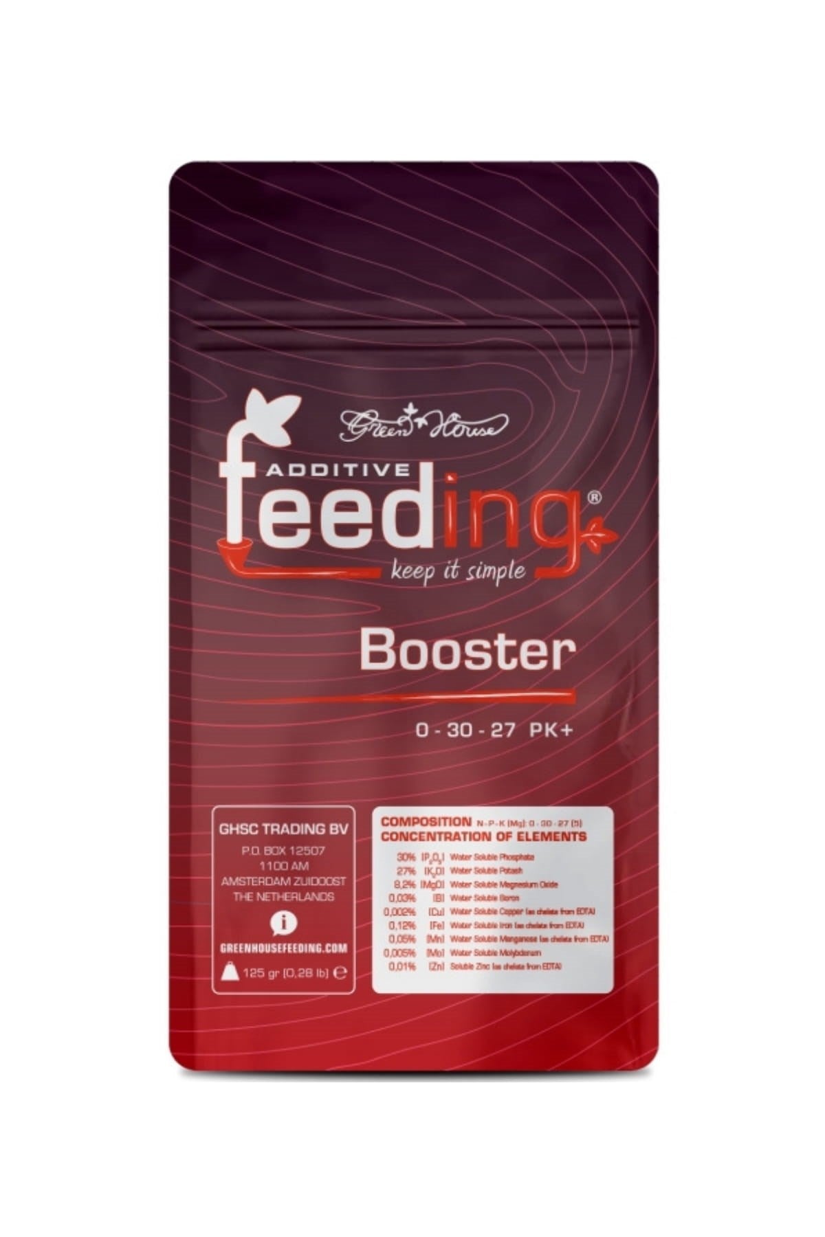 GHF Booster 125 gram bordo folyo poşet – Additive Feeding logosu, ürün adı yazılı ön yüz, kilitli ağız