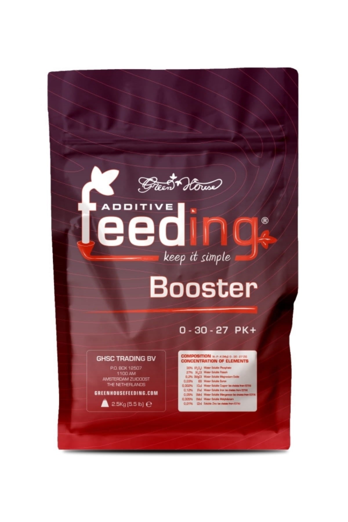 GHF Booster 2,5 kg bordo folyo poşet – Additive Feeding logosu, ürün adı yazılı ön yüz, büyük gövde