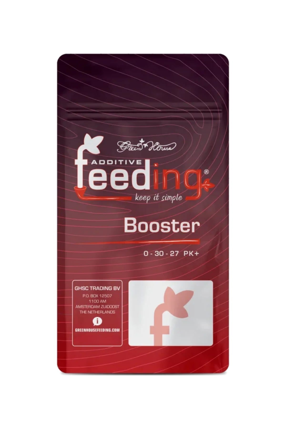 GHF Booster 50 gram bordo folyo poşet – Additive Feeding logosu, 0-30-27 PK+ yazısı ve kilitli ağız