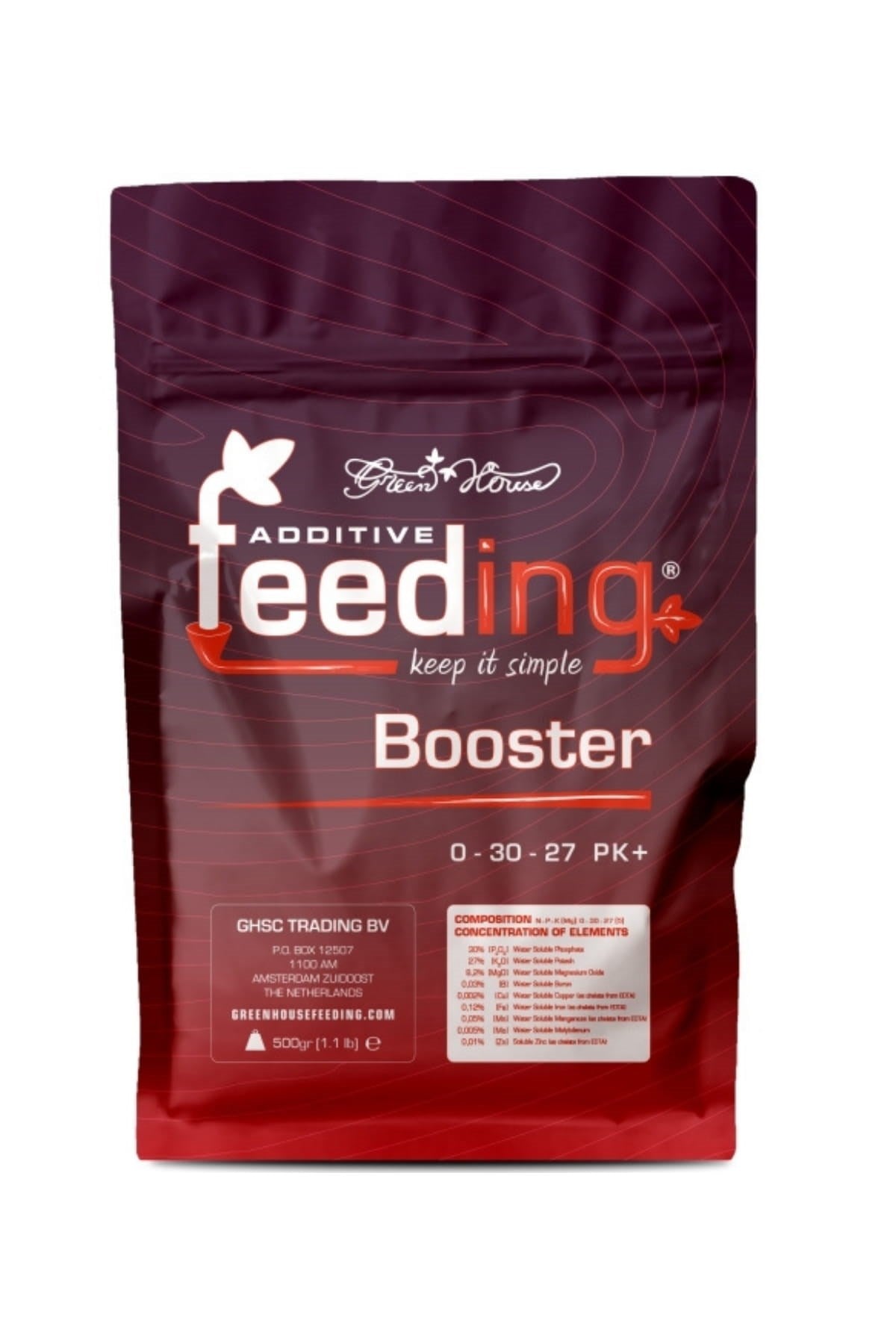 GHF Booster 500 gram bordo folyo poşet – Additive Feeding logosu, 0-30-27 değeri ve kilitli ağız
