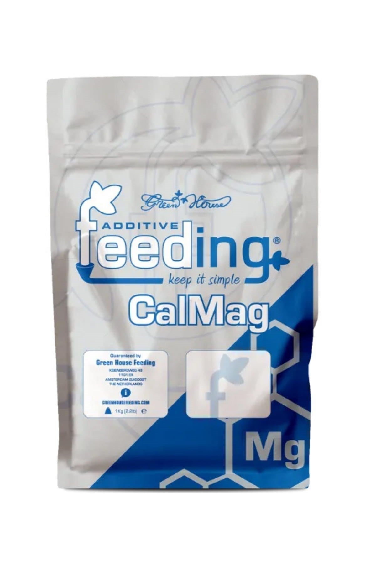 GHF Cal Mag 125 gram gümüş mavi folyo poşet – CalMag yazısı, Mg simgesi, mavi çapraz bant, kilitli ağız