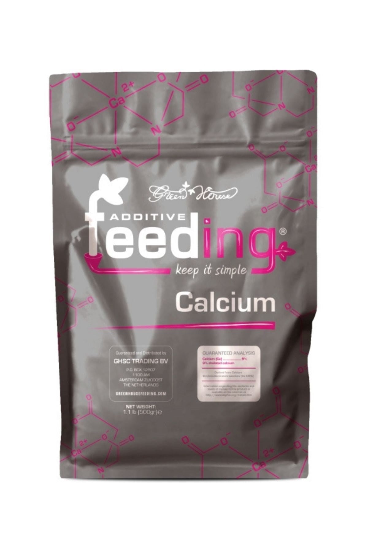 GHF Calcium 1 kg koyu gri folyo poşet – pembe molekül desenli tasarım, Calcium yazısı ve kilitli ağız