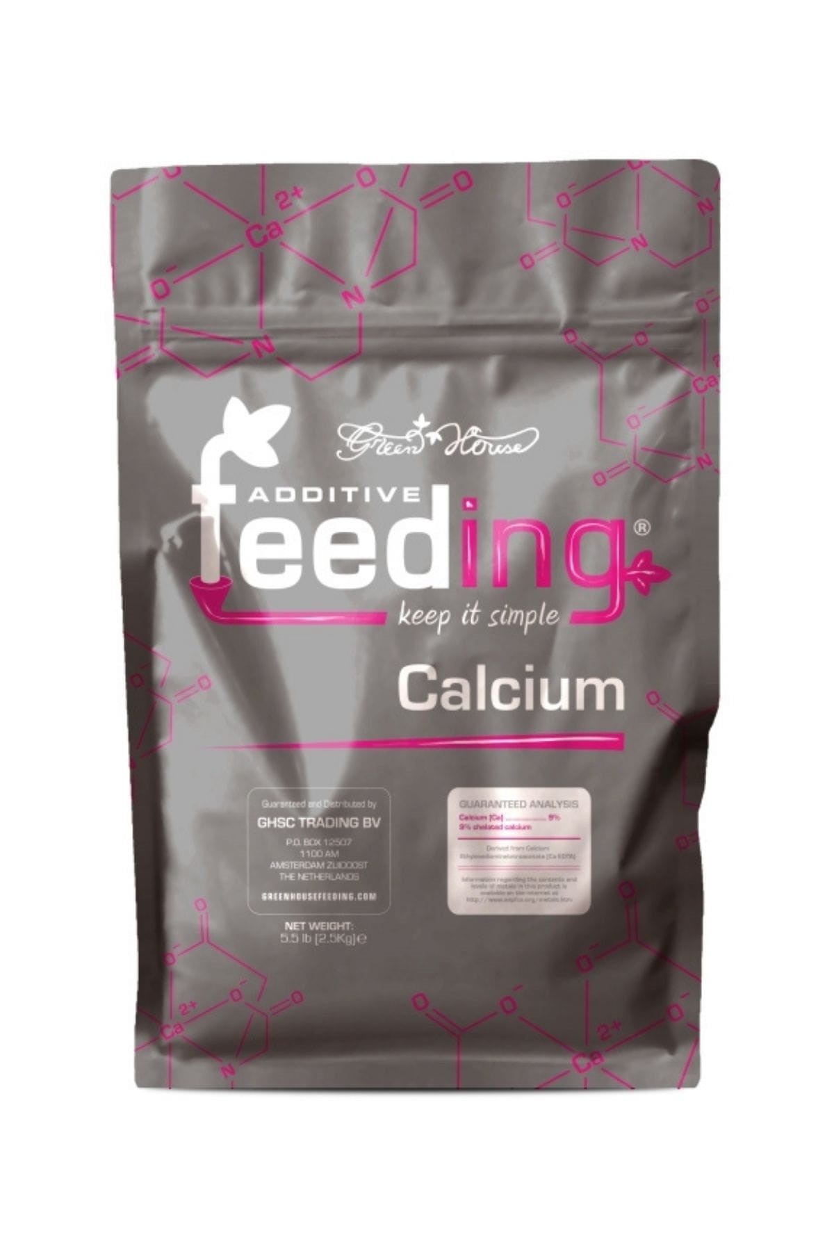 GHF Calcium 2,5 kg koyu gri folyo poşet – pembe molekül deseni, Calcium yazısı, büyük hacimli gövde